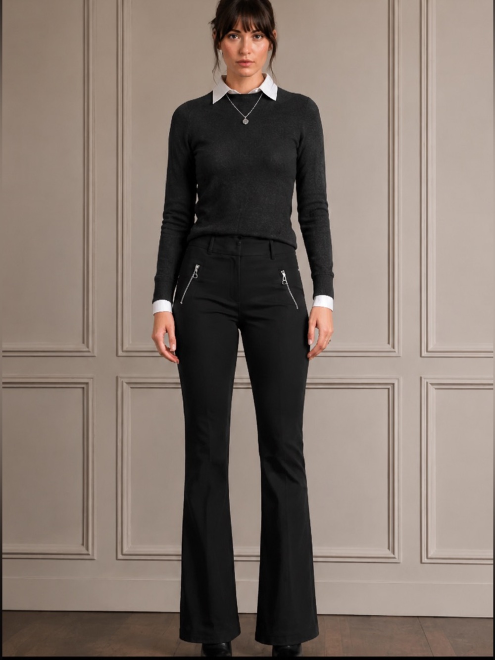 Jill Stuart Black Flare Pants Size 10 Y2K Zip Pocket Mid Rise Stretch